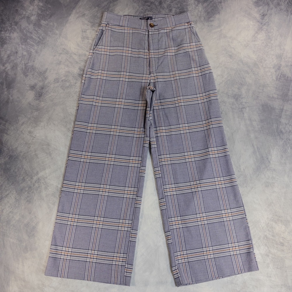 Abercrombie & Fitch Plaid Wide Leg Pants Women XS Blue Tan High Rise Trousers